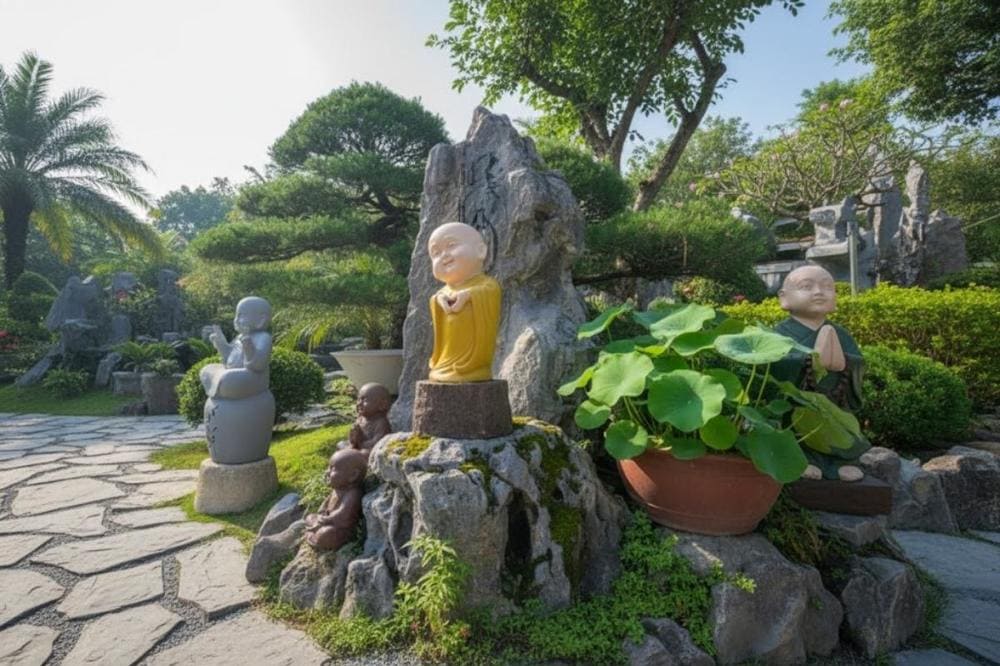 Các tượng phật nhỏ được bố trí khắp nơi xung quanh khuôn viên chùa với tạo dáng tinh nghịch, đáng yêu.